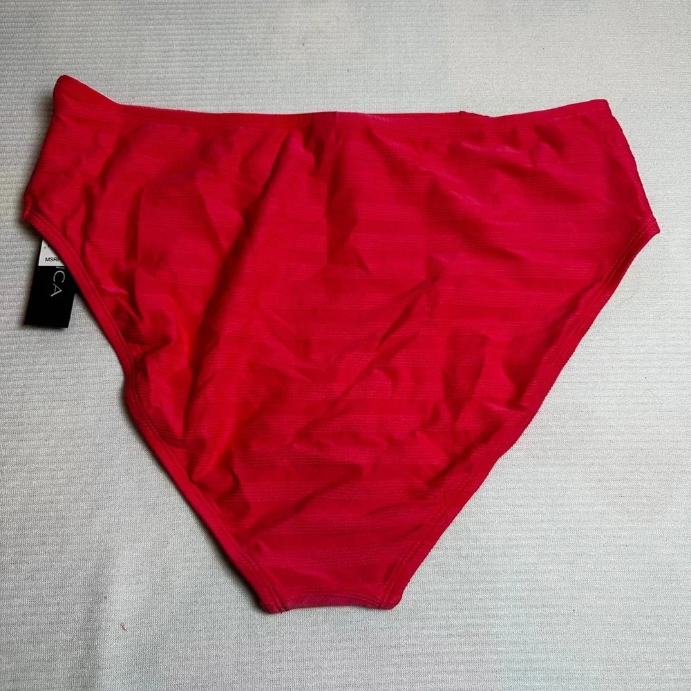 LA BLANCA High‎ Waist Bikini Bottoms Red Textured Stripes Swimwear Size 16 NWT